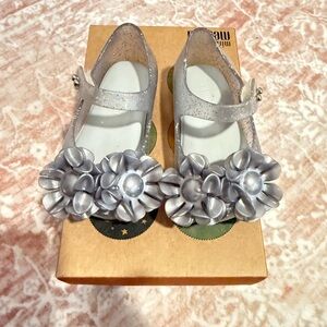 Melissa Kids Silver Glitter Floral Mary Jane Sandals